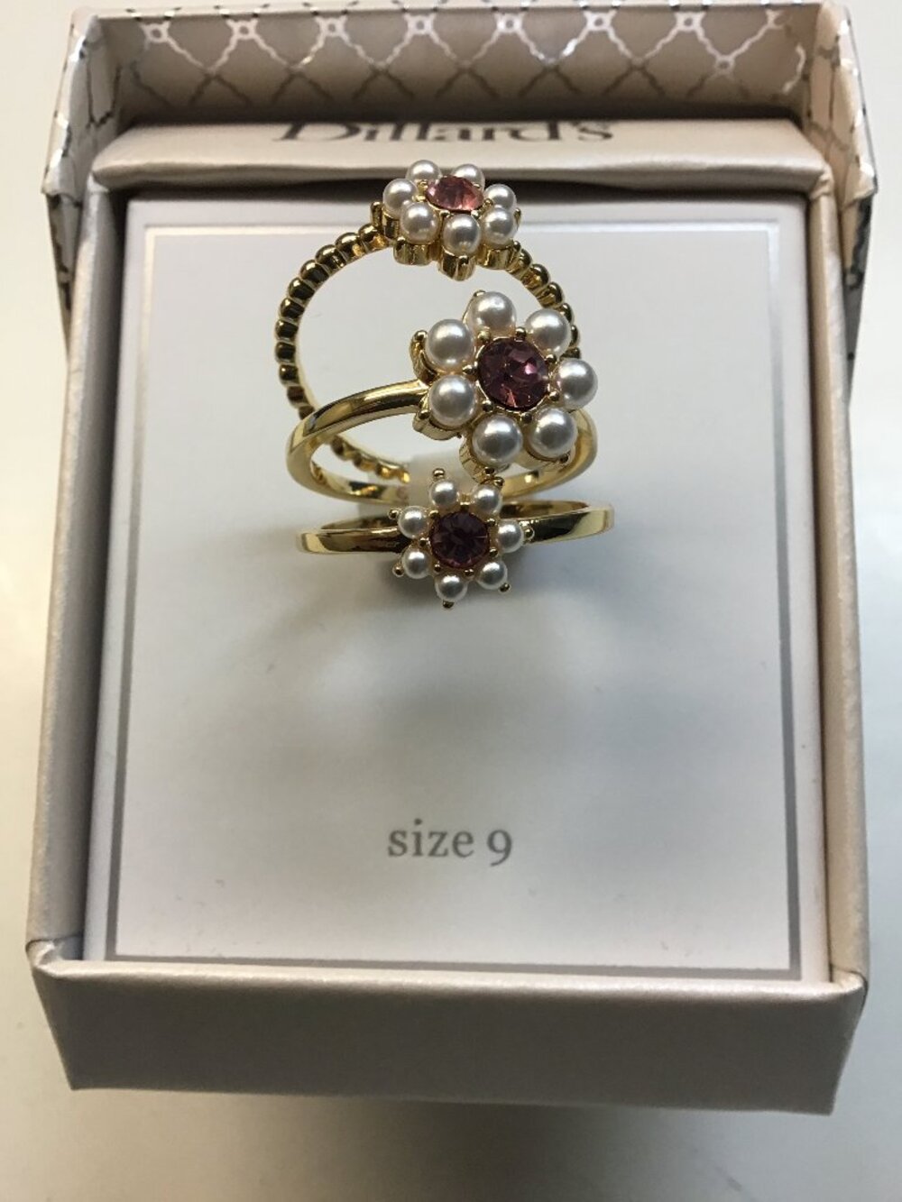 Dillards Size 9 Gold 3-Ring Pink and Pearl Ring